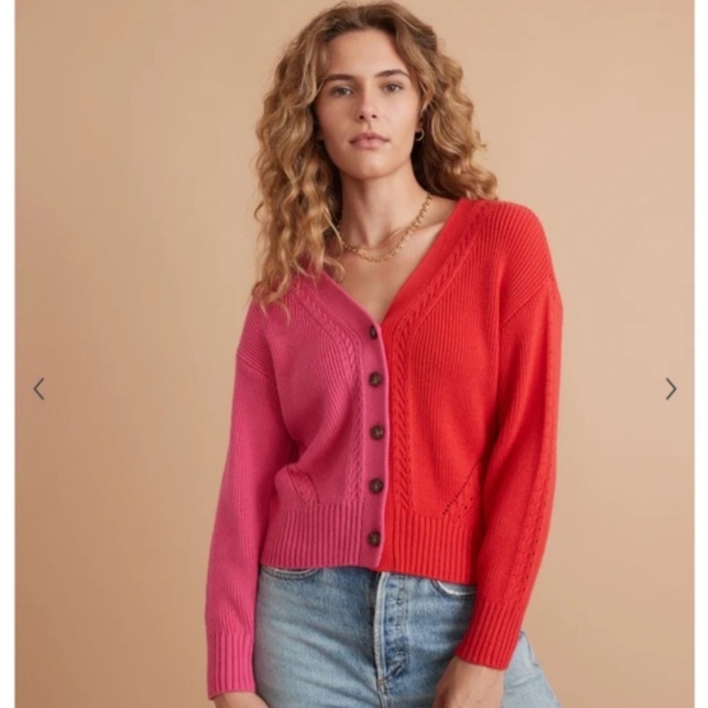 Marine Layer Wool Blend Colorblock Pink Red V-Neck Button Cozy Chic Cardigan New - Picture 2 of 8